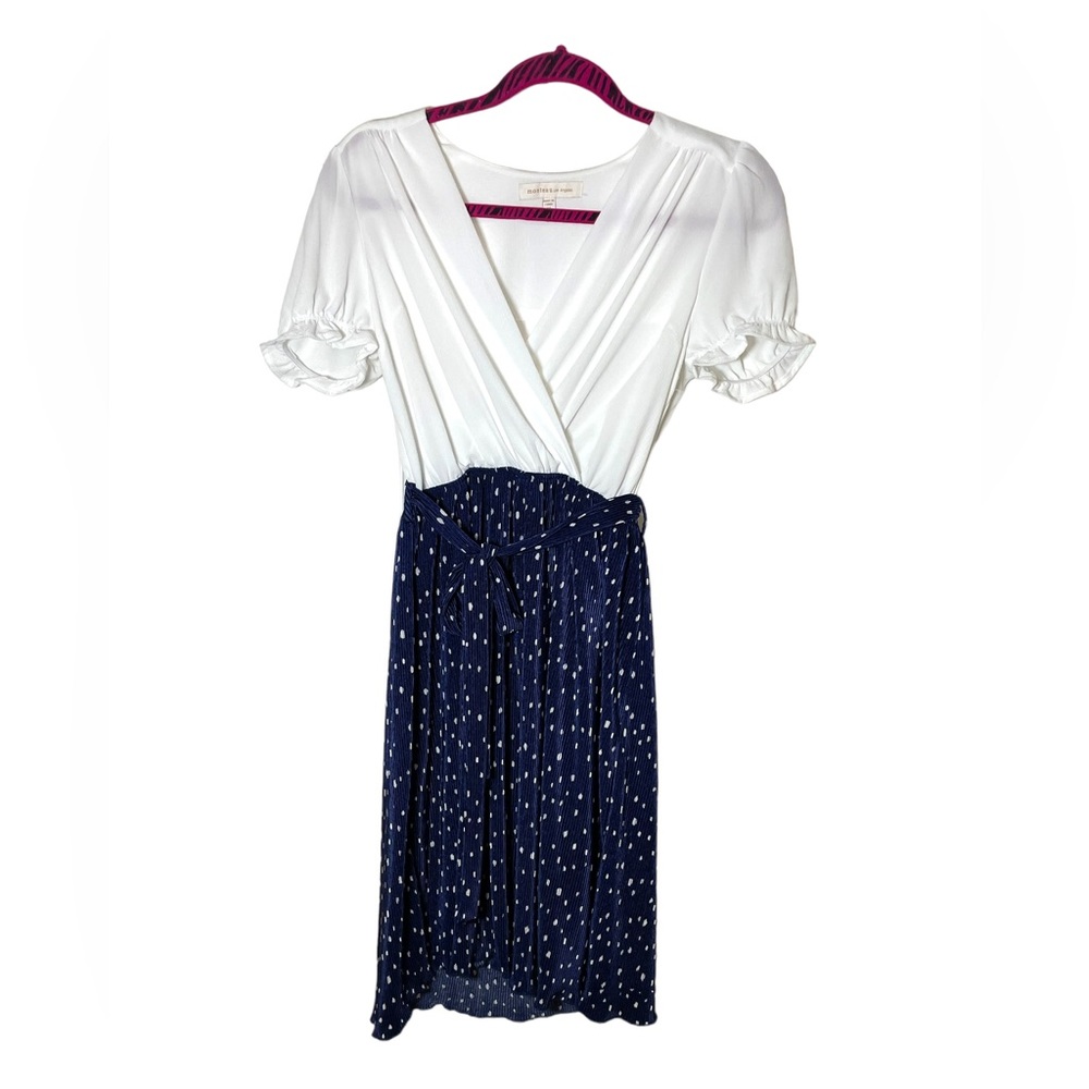 Monteau Blue White Polka Dot Wrap Dress Size M Tie Waist Flutter Sleeve